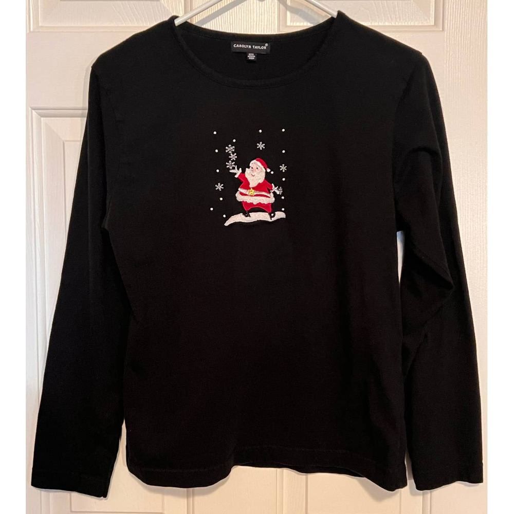 Carolyn Taylor Women's Black Santa Claus Silver Belt with Gold Star Shirt Size M